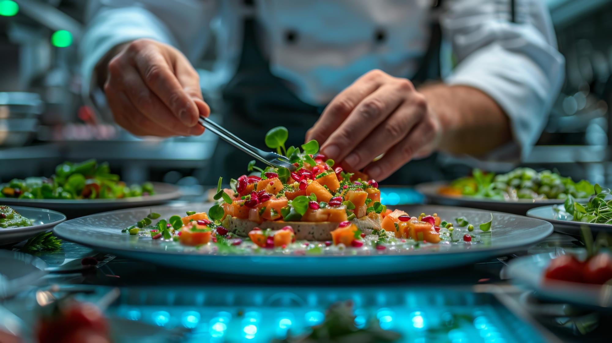 Chef che impiatta un piatto moderno
